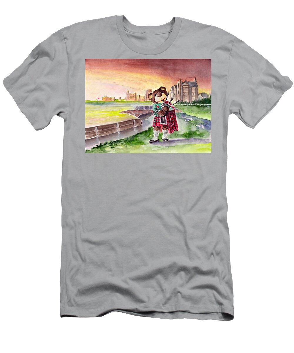 Animals T-Shirt featuring the painting Truffle McFurry Playing The Bagpipes At St Andrews by Miki De Goodaboom
