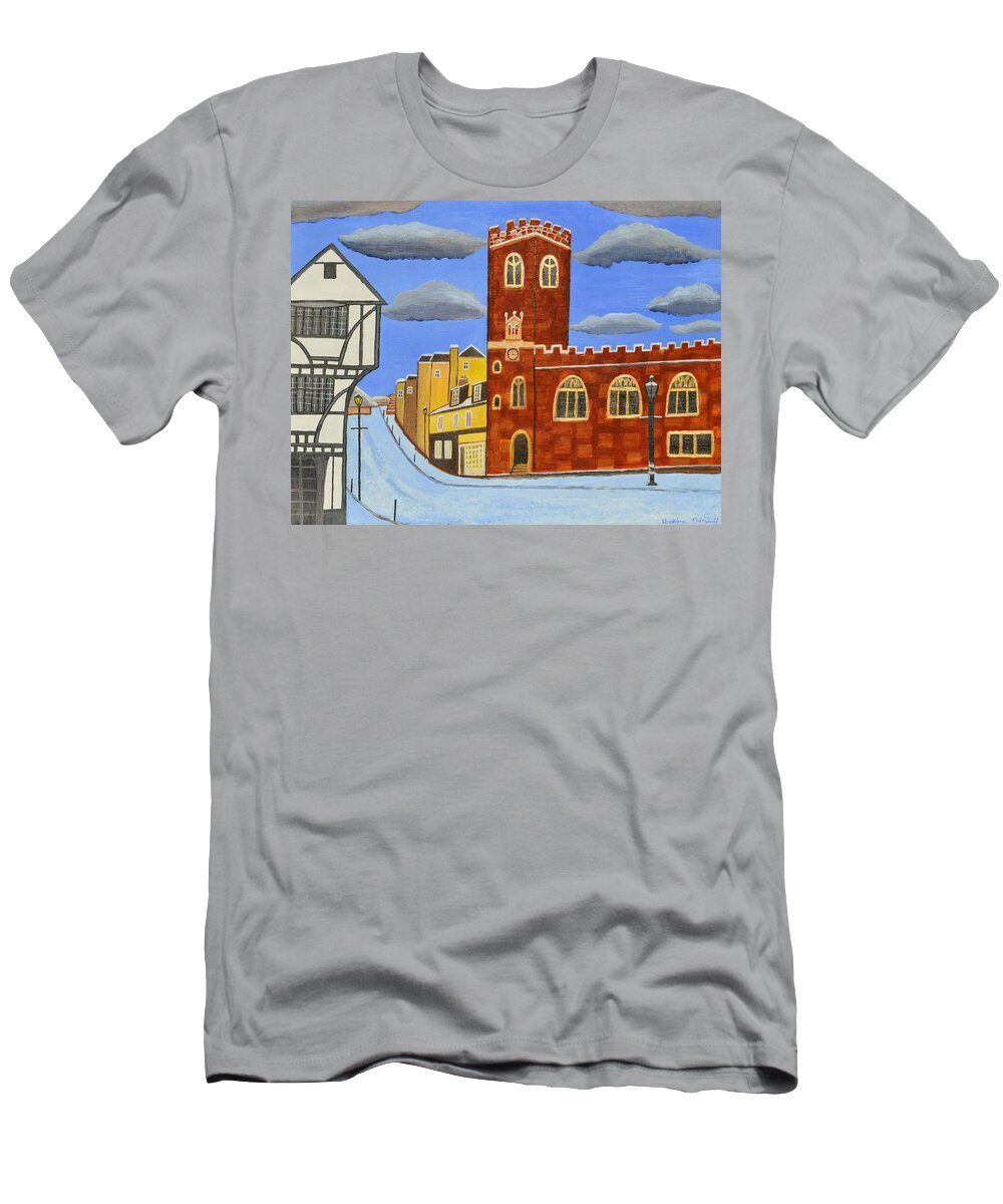 Tudor Building Church Painting Acrylic Print History England Birthday Mum Dad Sister History Exeter Architecture T-Shirt featuring the painting Tudor House in Exeter by Magdalena Frohnsdorff