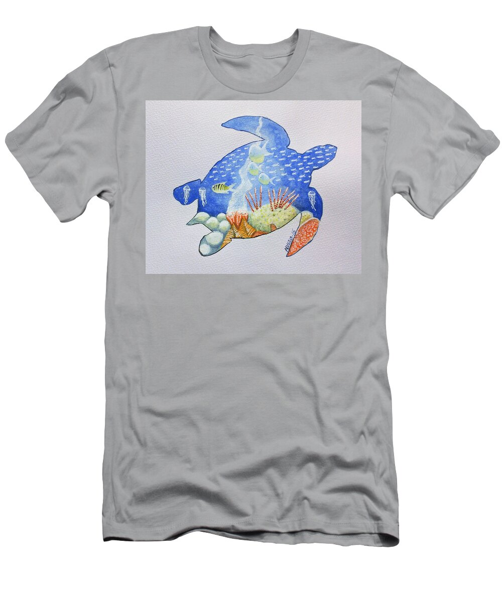 Turtle T-Shirt featuring the painting Turtle's World by Edwin Alverio