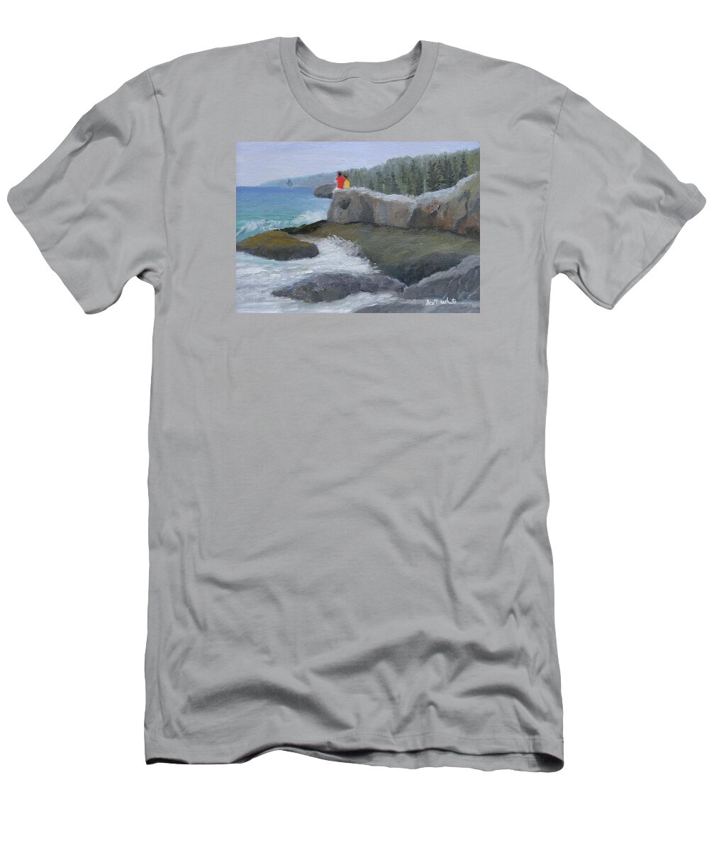 Seascape Ocean Landscape People Children Waves Rocks Maine T-Shirt featuring the painting Two Brothers by Scott W White