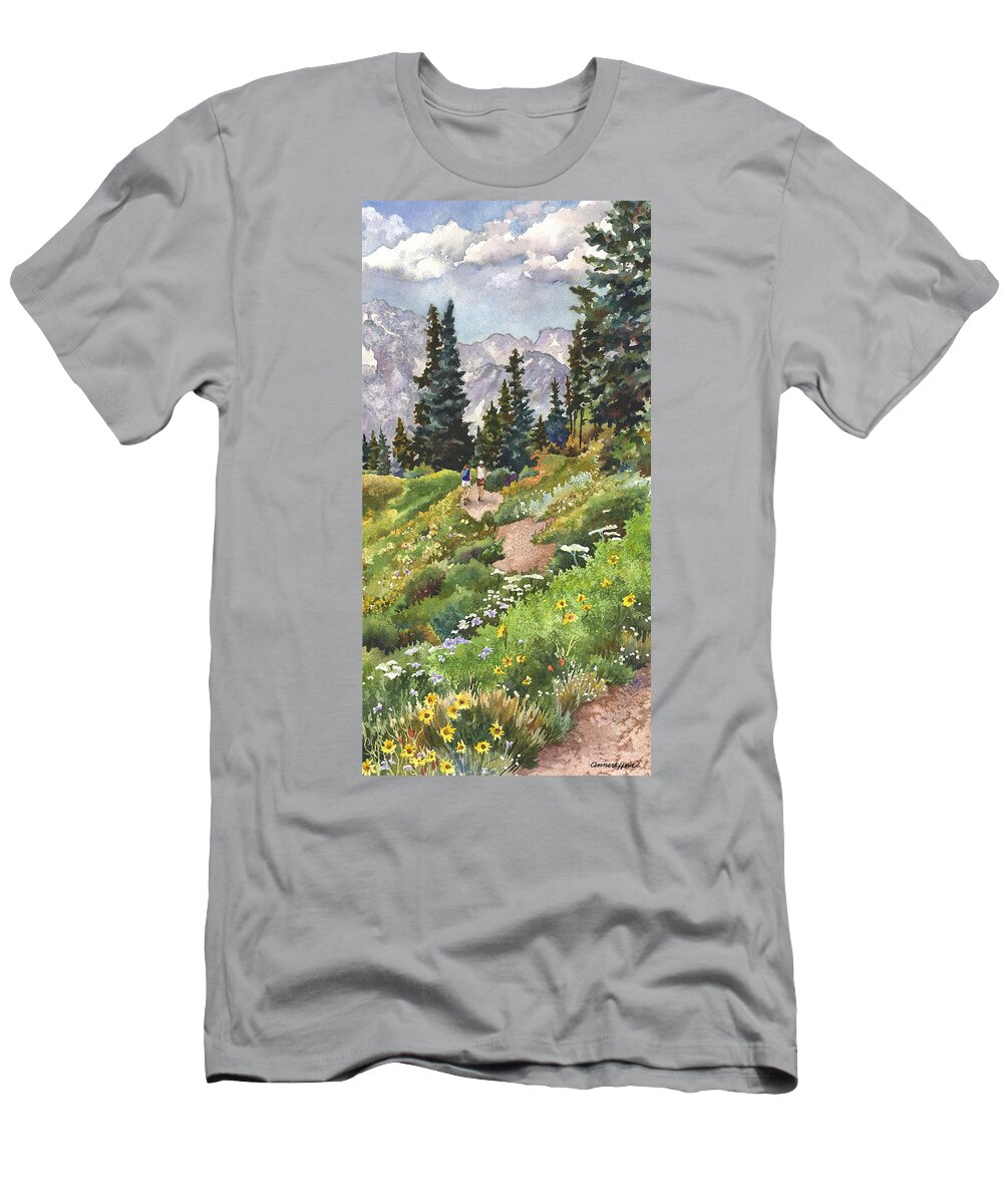 Colorado Hiking Trail Painting T-Shirt featuring the painting Two Hikers by Anne Gifford