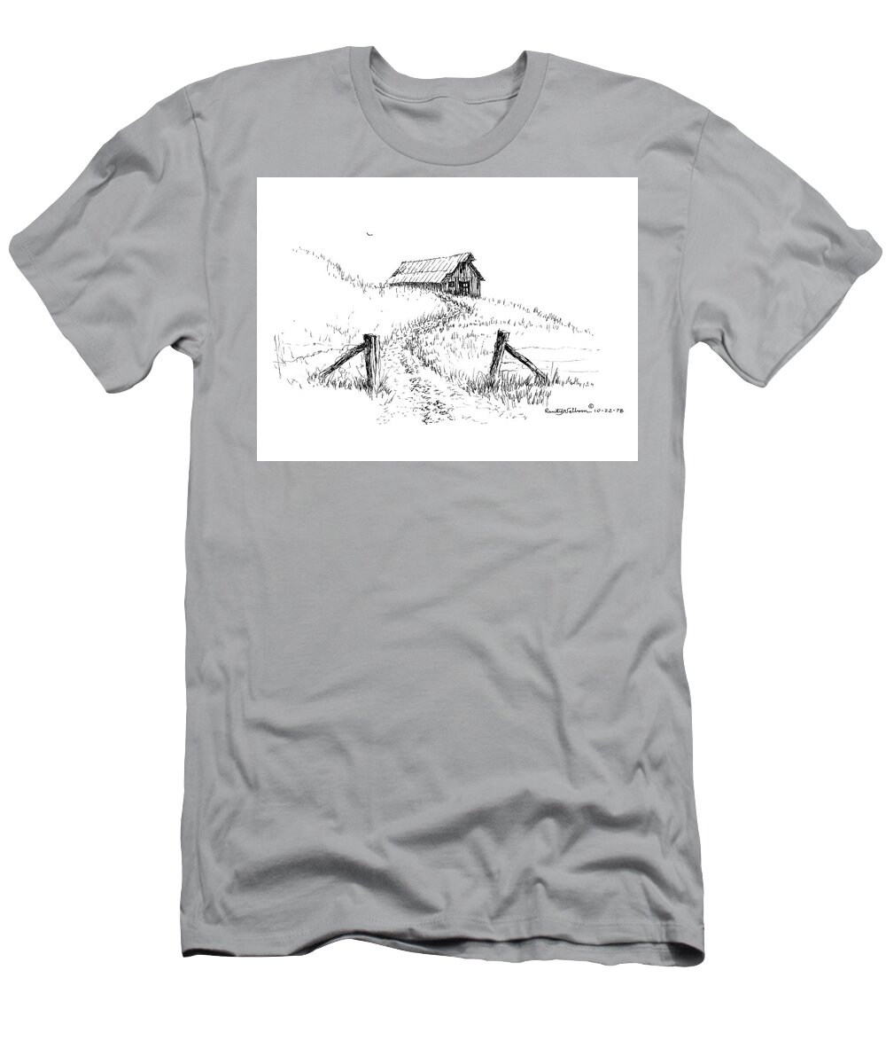 Hill T-Shirt featuring the drawing Up the Hill to the Old Barn by Randy Welborn