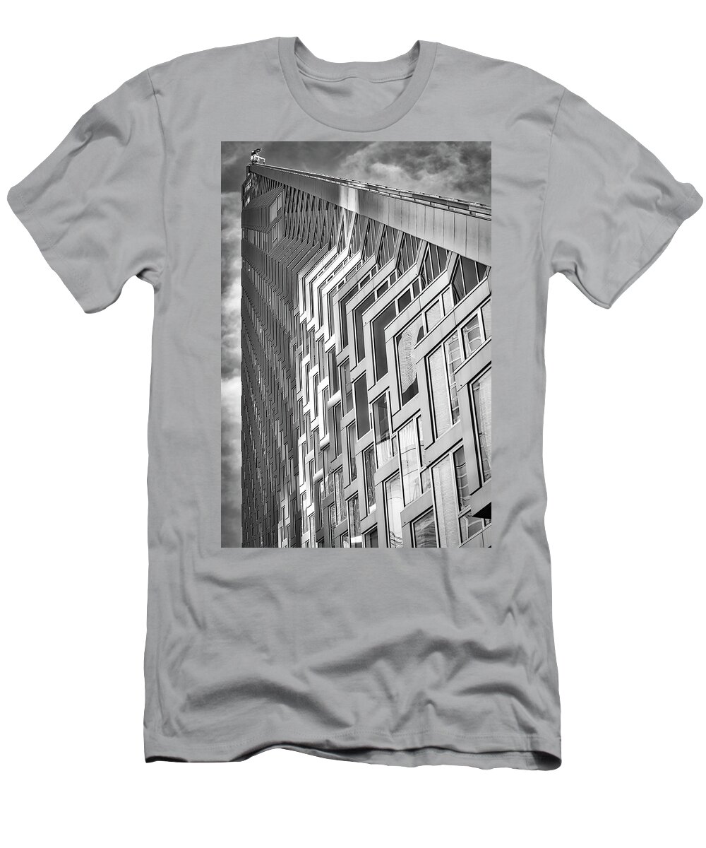 625 West 57th Street T-Shirt featuring the photograph Upward View to West 57 ST NYC BW by Susan Candelario