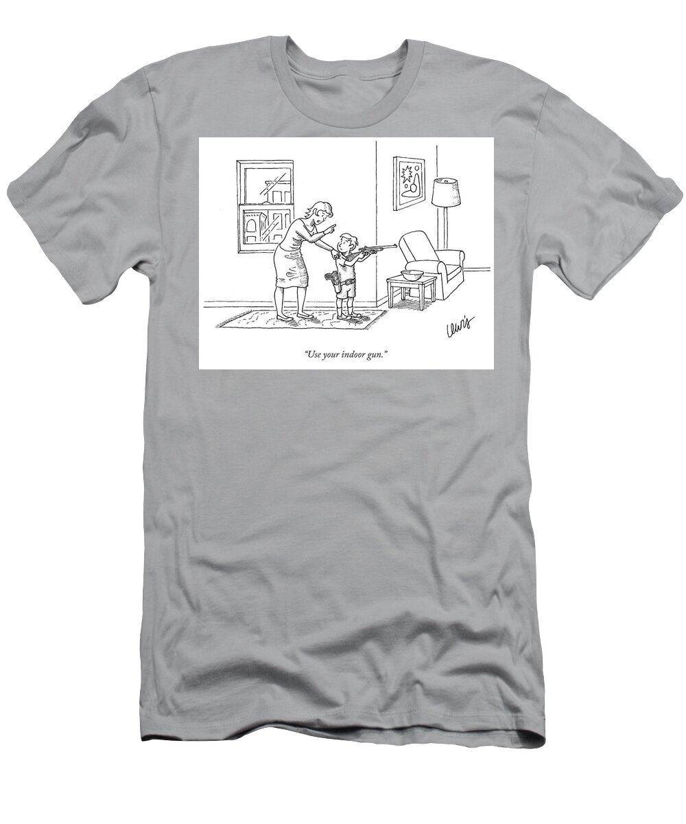 Gun T-Shirt featuring the drawing Use Your Indoor Gun by Eric Lewis