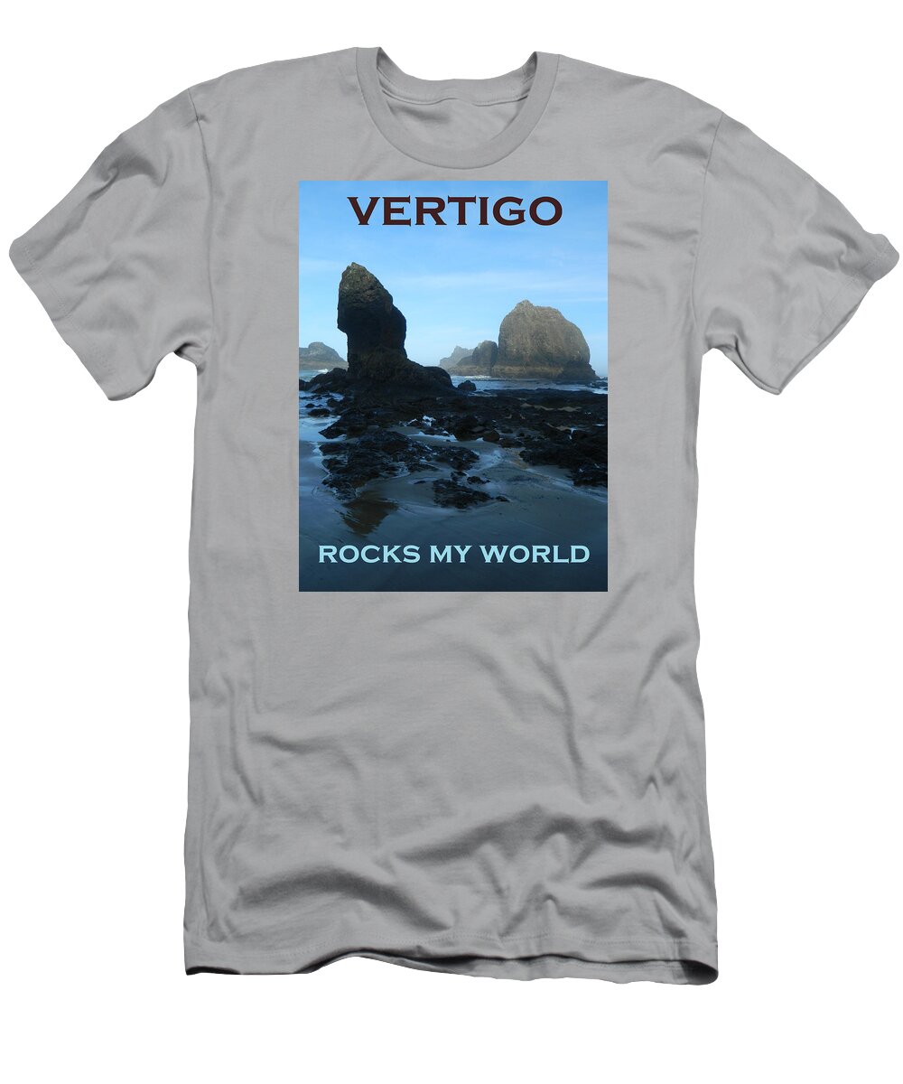 An Early Morning Low Tide Beach Scene With Large Rocks At Oceanside Beach T-Shirt featuring the photograph Vertigo Rocks My World Two by Gallery Of Hope 
