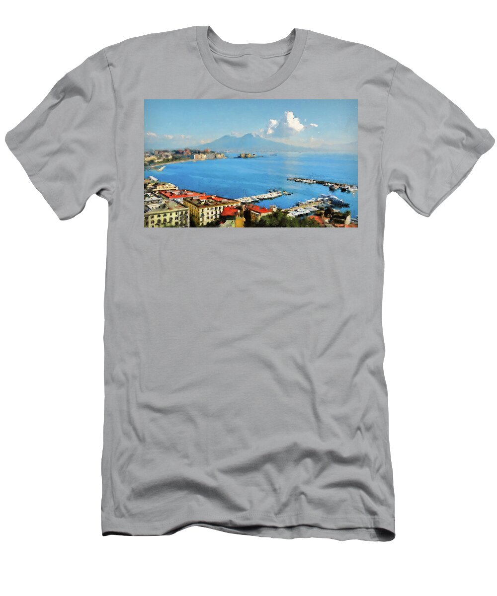 Gulf Of Naples T-Shirt featuring the painting Vesuvio, panorama from Naples - 02 by AM FineArtPrints