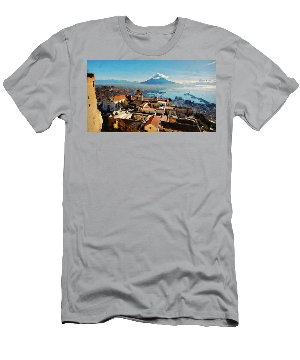 Gulf Of Naples T-Shirt featuring the painting Vesuvio, panorama from Naples - 03 by AM FineArtPrints