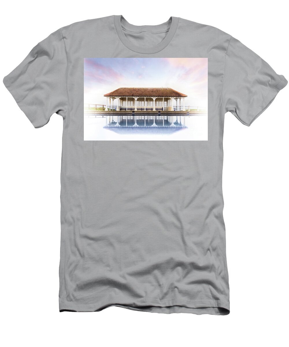 Sheringham T-Shirt featuring the photograph Norfolk victorian seaside shelter with pink sunset sky by Simon Bratt