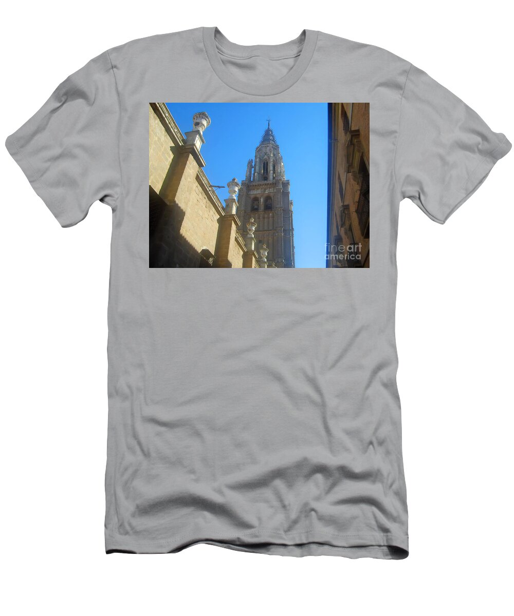 Cathedral T-Shirt featuring the photograph View of Toledo Cathedral in sunny day, Spain. by Alexey Larionov