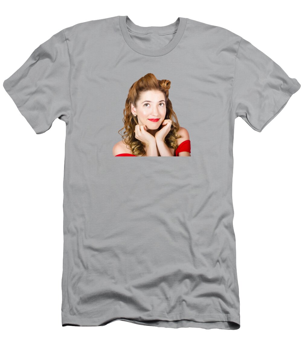 Pinup T-Shirt featuring the photograph Vintage makeup photo of cute smiling blonde girl by Jorgo Photography