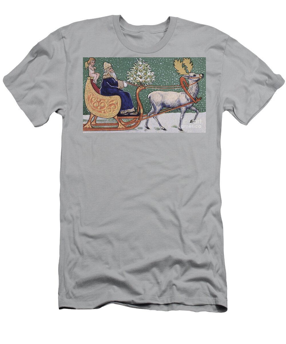 Green T-Shirt featuring the painting Vintage Victorian depicting Father Christmas on his sleigh by Wilhelm List