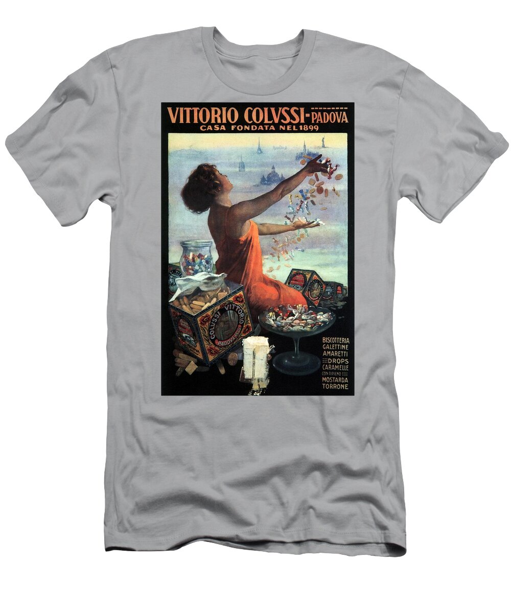Vittorio Colussi T-Shirt featuring the mixed media Vittorio colussi - Casa Fondata - Confectionaries, Candies, Toffee Advertisement - Padova, Italy by Studio Grafiikka