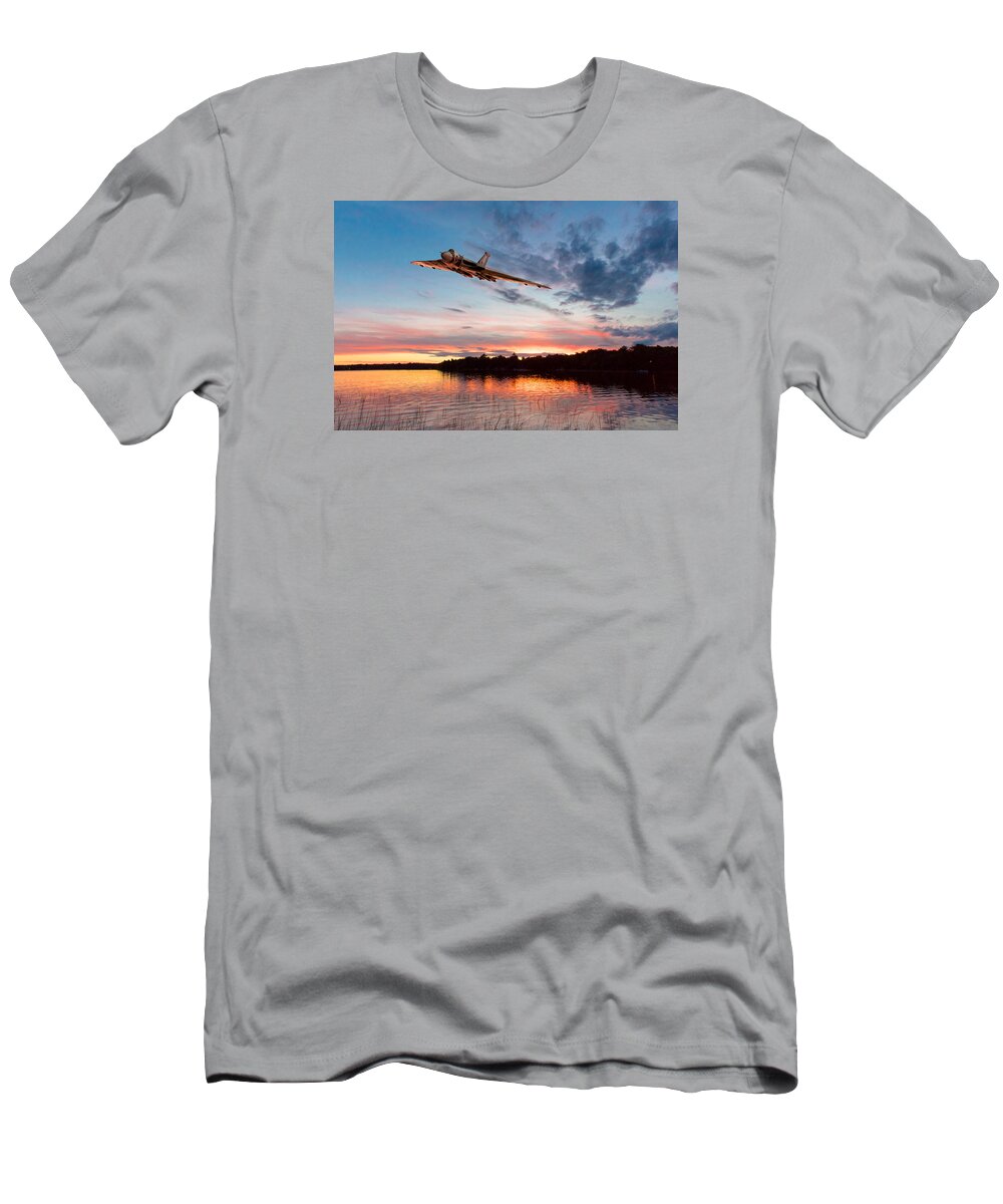 Avro Vulcan T-Shirt featuring the digital art Vulcan low over a sunset lake by Gary Eason