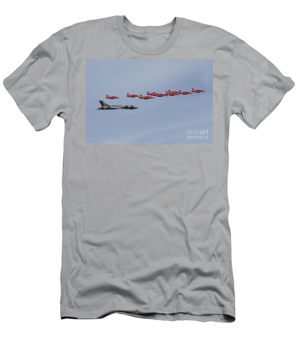 Avro T-Shirt featuring the digital art Vulcan XH558 and Red Arrows by Airpower Art