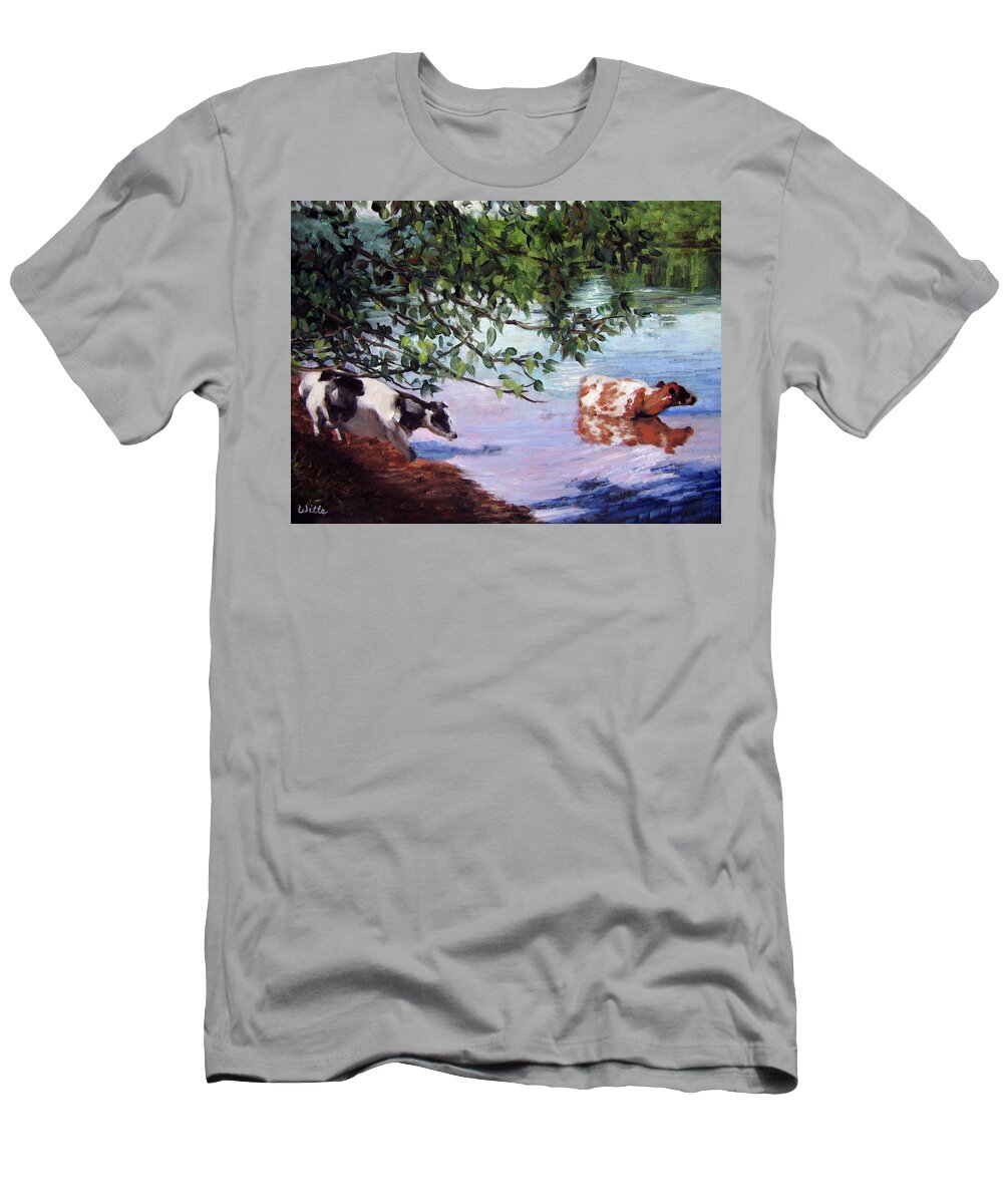 Cows Wading T-Shirt featuring the painting Wading by Marie Witte