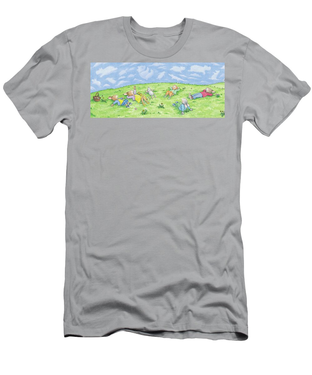 Breezy Bunnies T-Shirt featuring the painting Watching the Clouds Roll By -- No Text by June Goulding