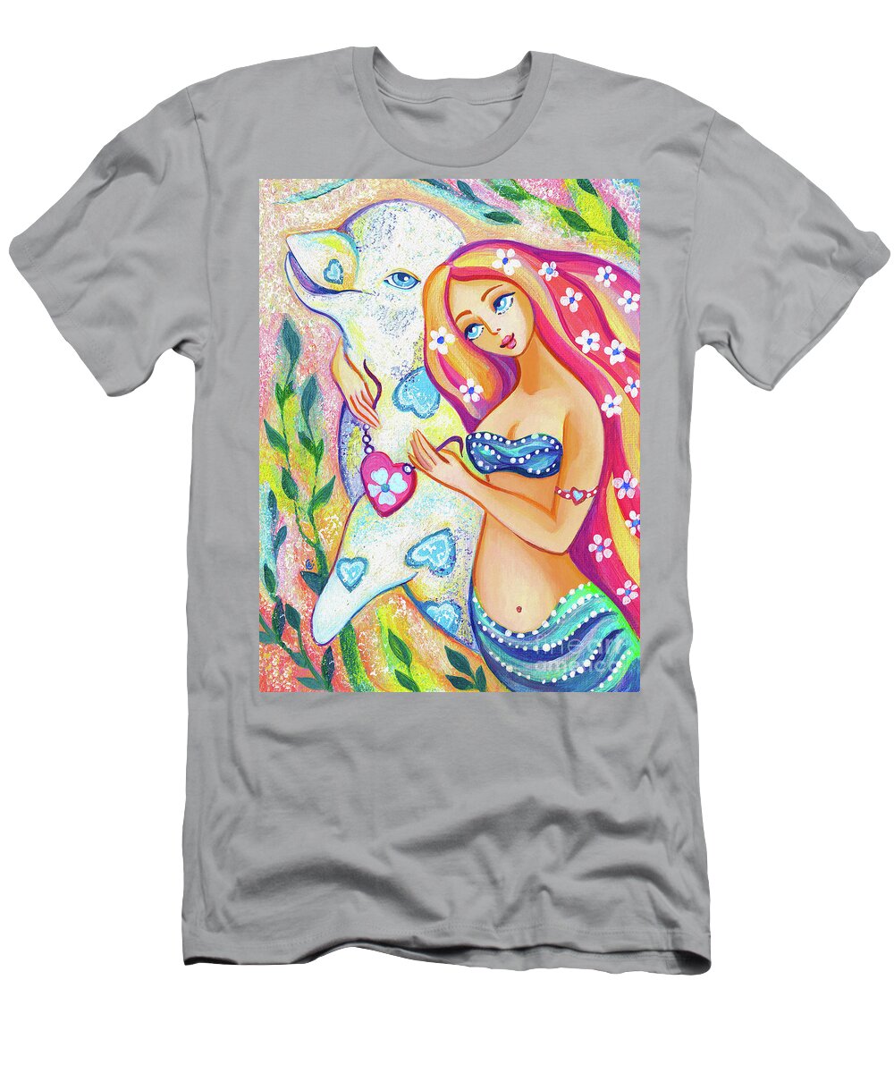 Girl And Dolphin T-Shirt featuring the painting Water Friends by Eva Campbell
