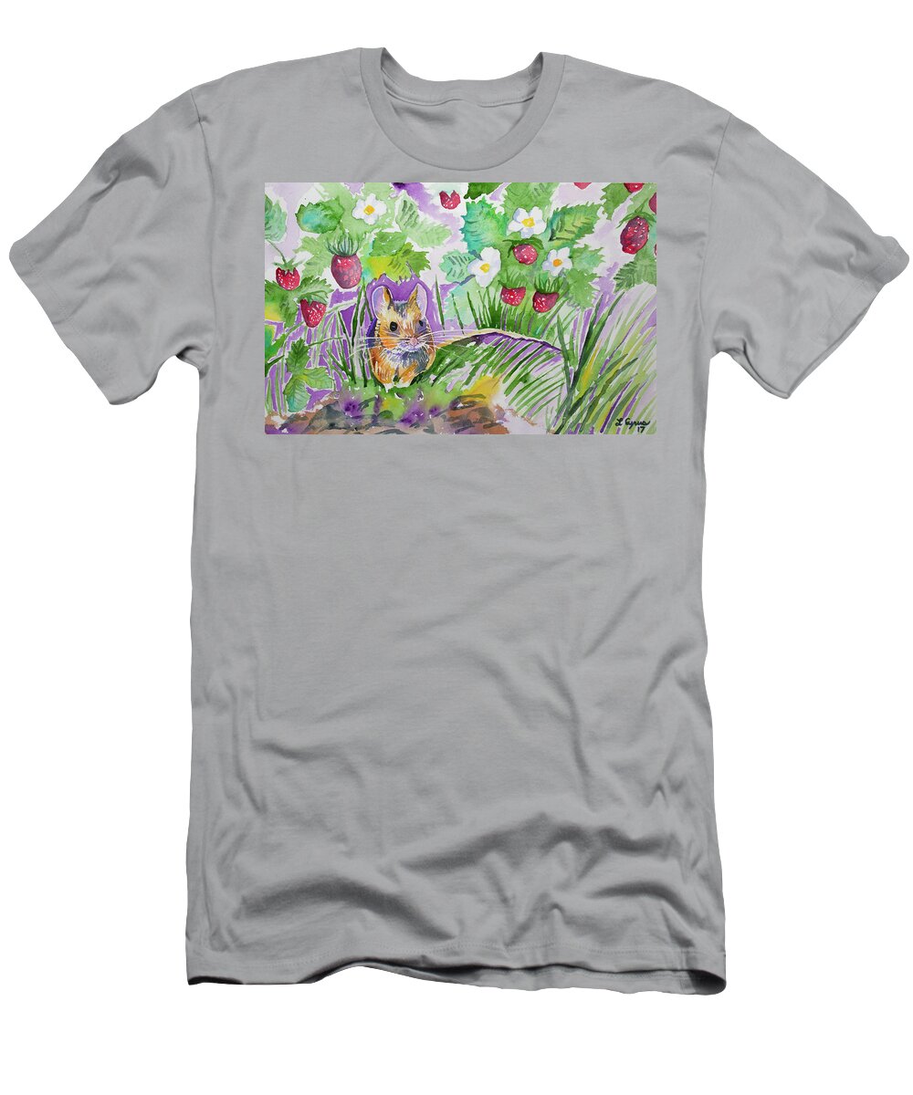 Field Mouse T-Shirt featuring the painting Watercolor - Field Mouse with Wild Strawberries by Cascade Colors
