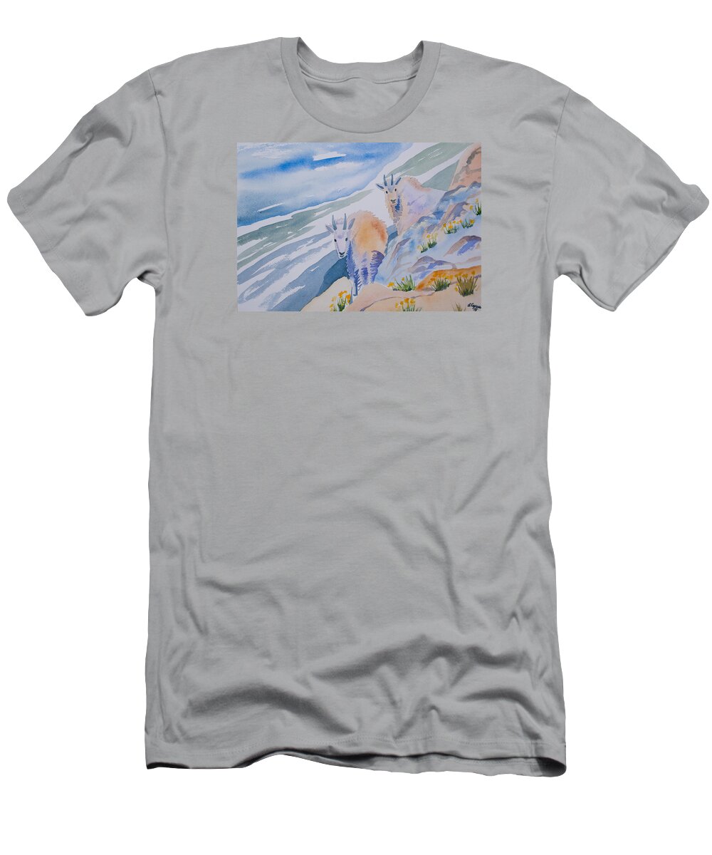 Mountain Goat T-Shirt featuring the painting Watercolor - Mountain Goats on Quandary by Cascade Colors