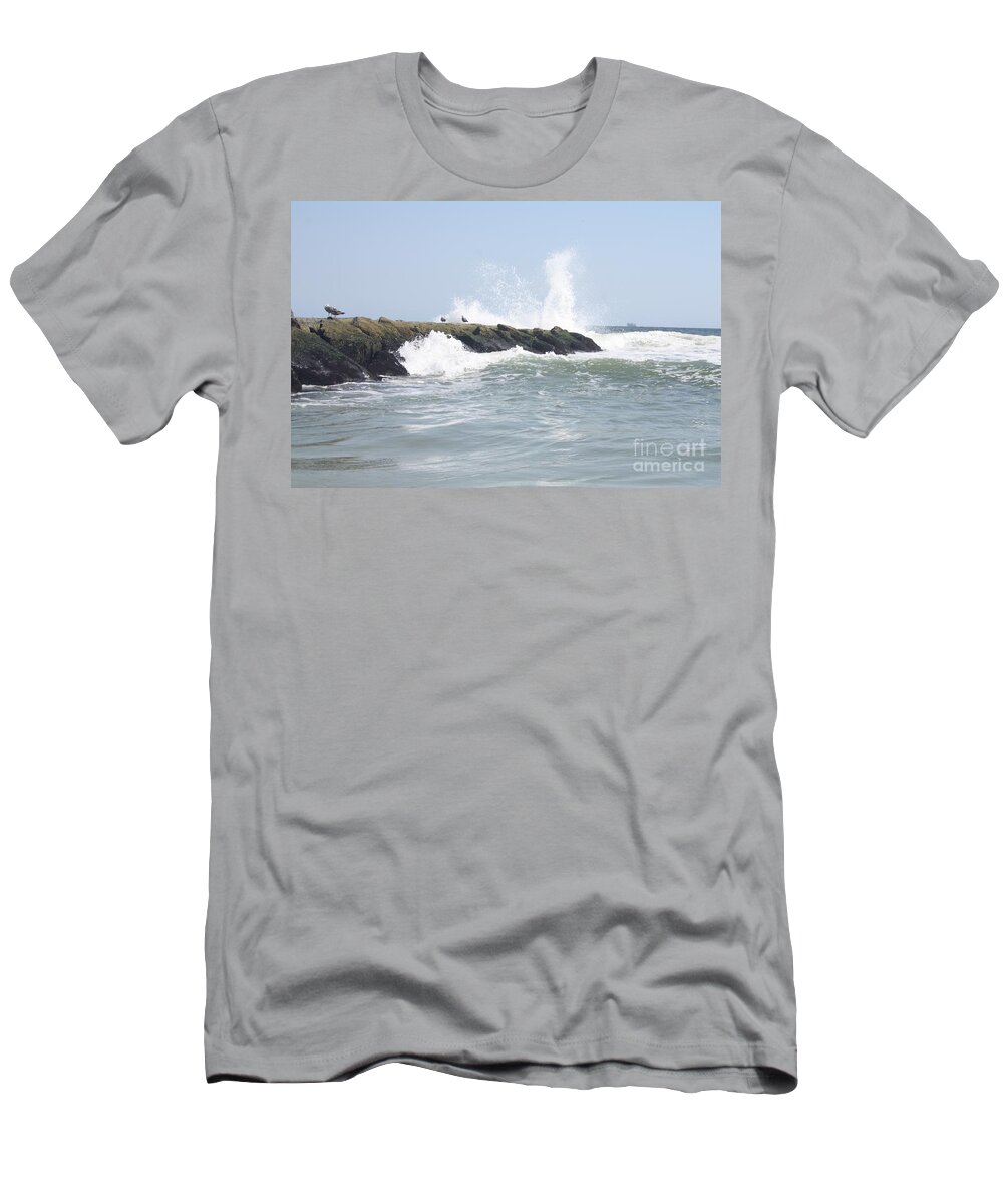 Waves Crashing Onto Long Beach Jetty T-Shirt featuring the photograph Waves Crashing Onto Long Beach Jetty by John Telfer