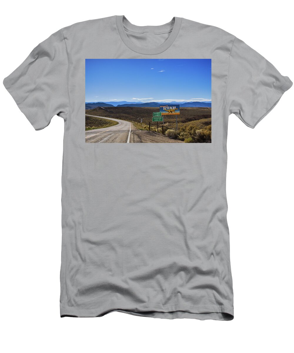 Welcome To Utah Sign T-Shirt featuring the photograph Welcome to Utah sign on Hwy191 by Tatiana Travelways
