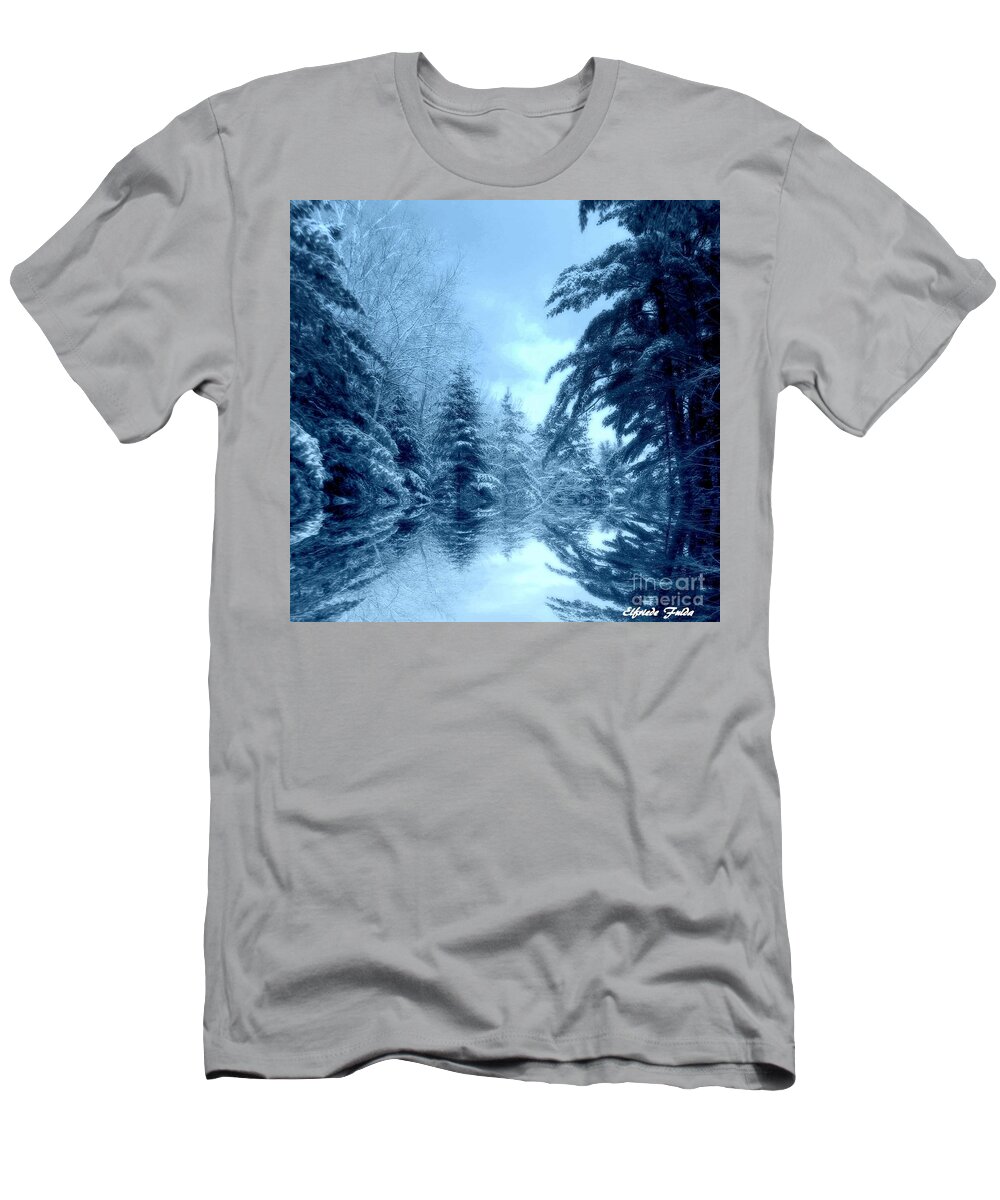 Pine Trees Pond Reflections Winter Snow Blue T-Shirt featuring the mixed media Winter Blues by Elfriede Fulda