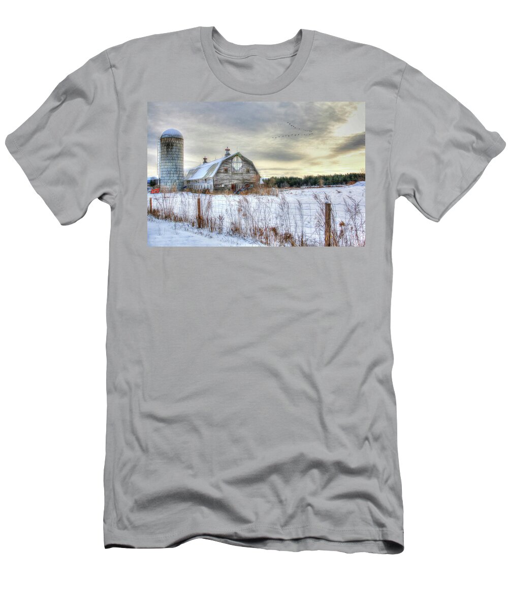Barn T-Shirt featuring the digital art Winter Days in Vermont by Sharon Batdorf