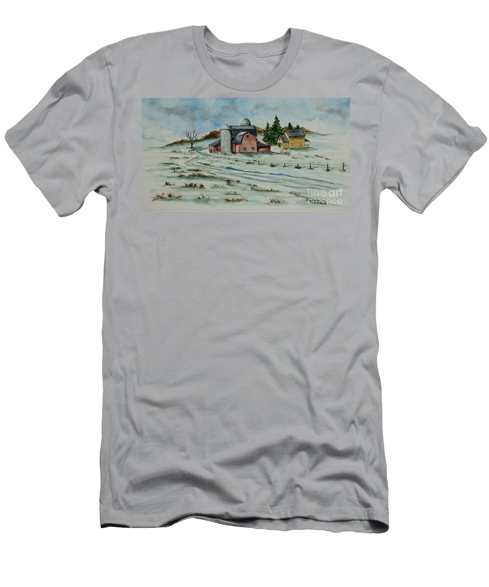 Winter Scene Paintings T-Shirt featuring the painting Winter Down On The Farm by Charlotte Blanchard
