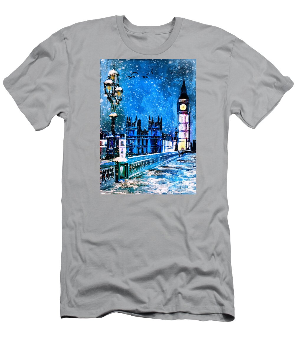 Winter In London T-Shirt featuring the painting Winter in London by Andrzej Szczerski
