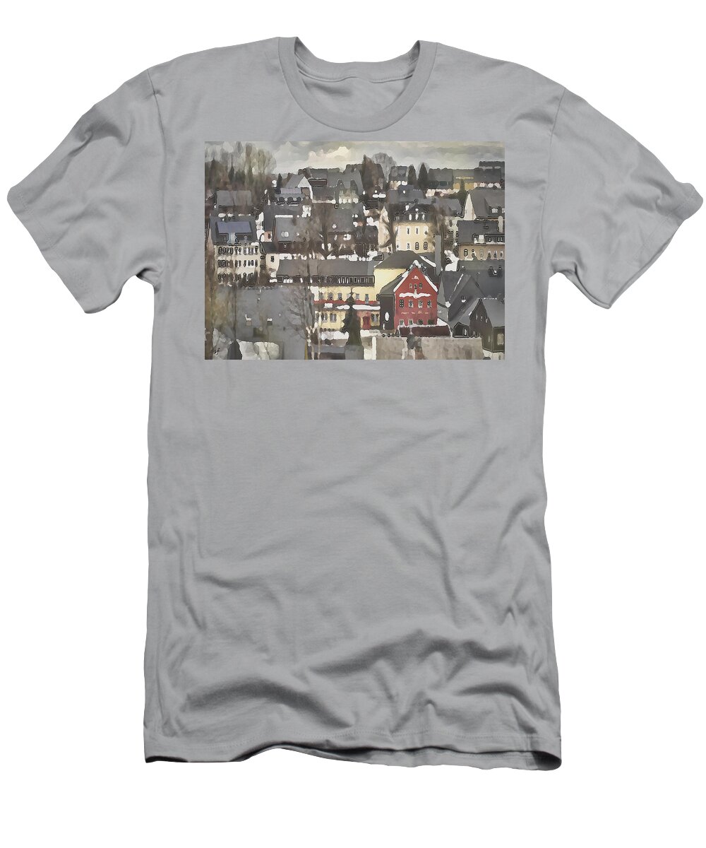 Folk Art T-Shirt featuring the mixed media Winter Village with Red House by Shelli Fitzpatrick