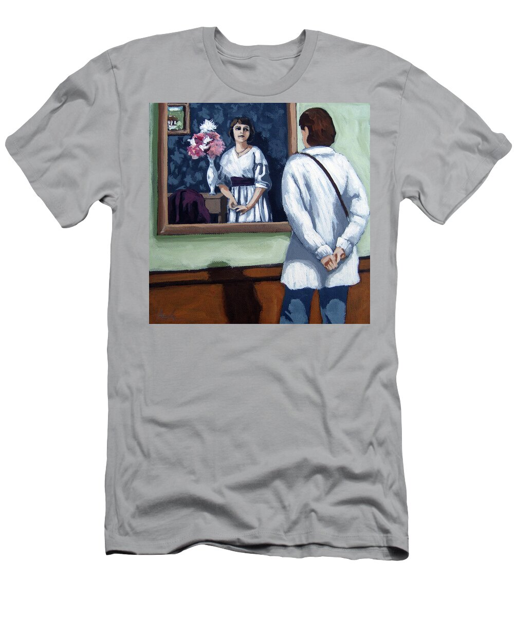 Woman T-Shirt featuring the painting Woman at Art Museum figurative painting by Linda Apple