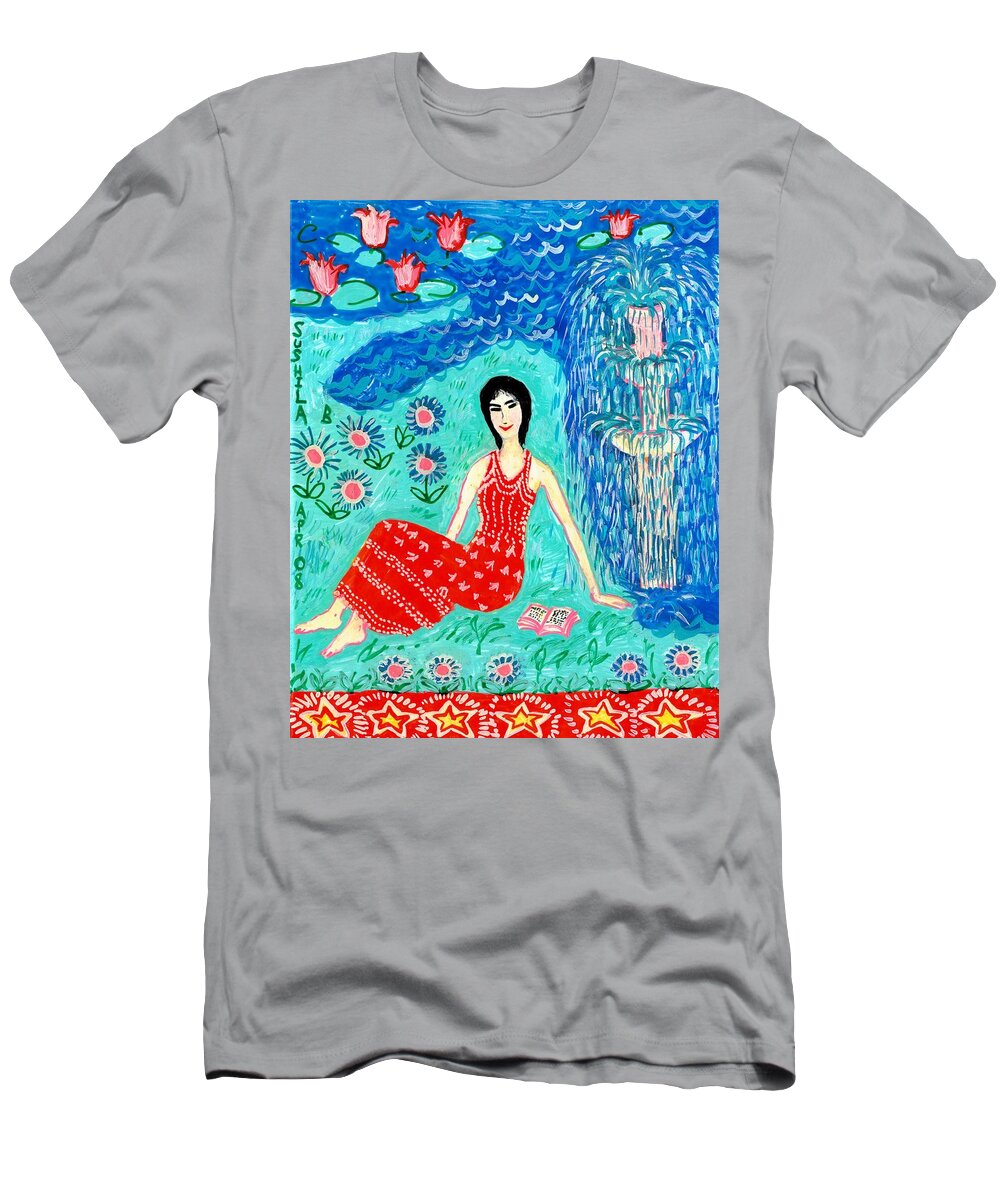 Sue Burgess T-Shirt featuring the painting Woman Reading beside Fountain by Sushila Burgess