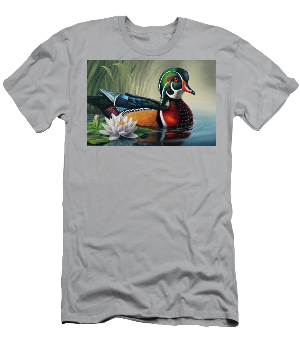 Duck T-Shirt featuring the painting Wood Duck and Lily Pad by Guy Crittenden
