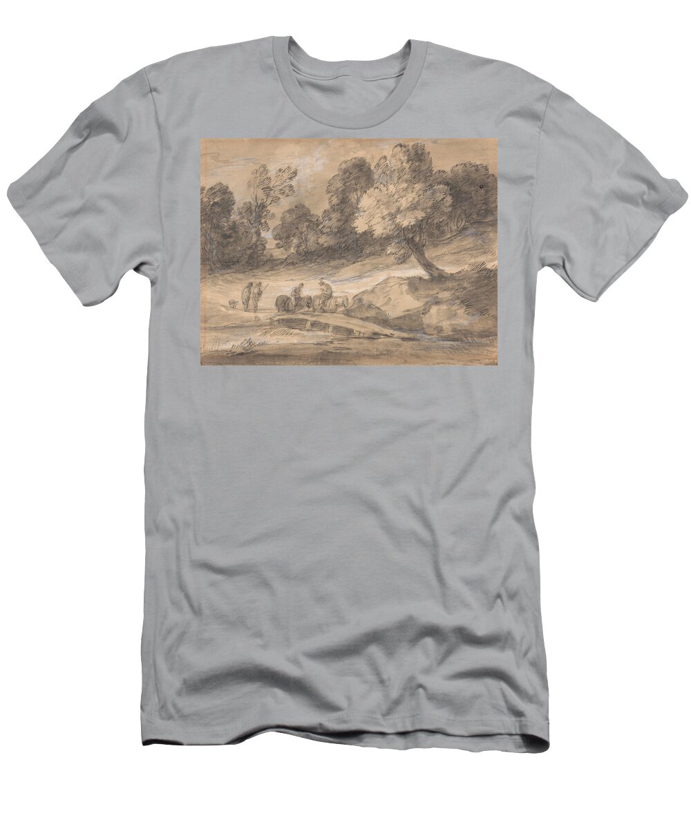 18th Century Art T-Shirt featuring the drawing Wooded Landscape with Figures on Horseback Crossing a Bridge by Thomas Gainsborough