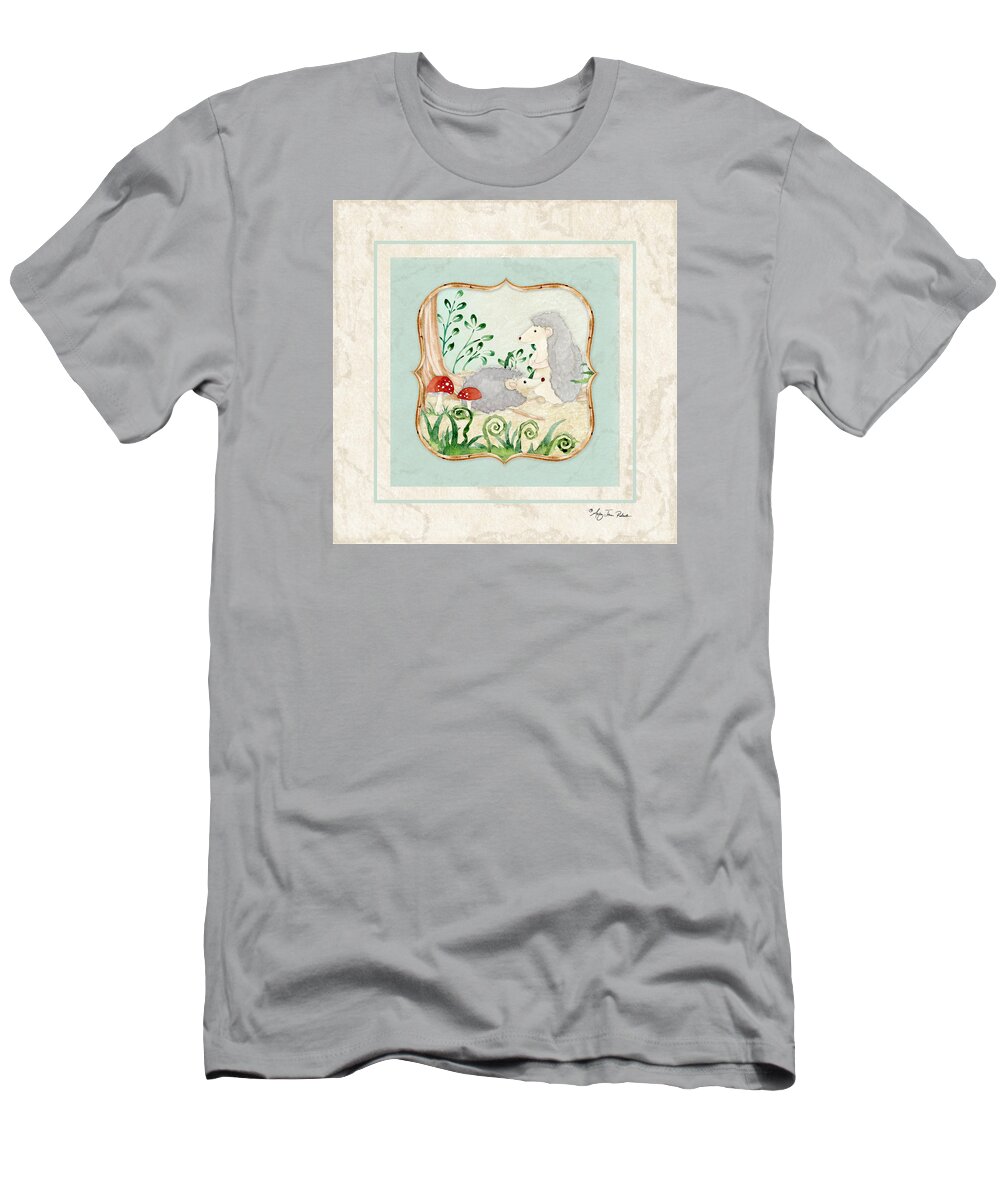 Woodchuck T-Shirt featuring the painting Woodland Fairy Tale - Woodchucks in the Forest w Red Mushrooms by Audrey Jeanne Roberts