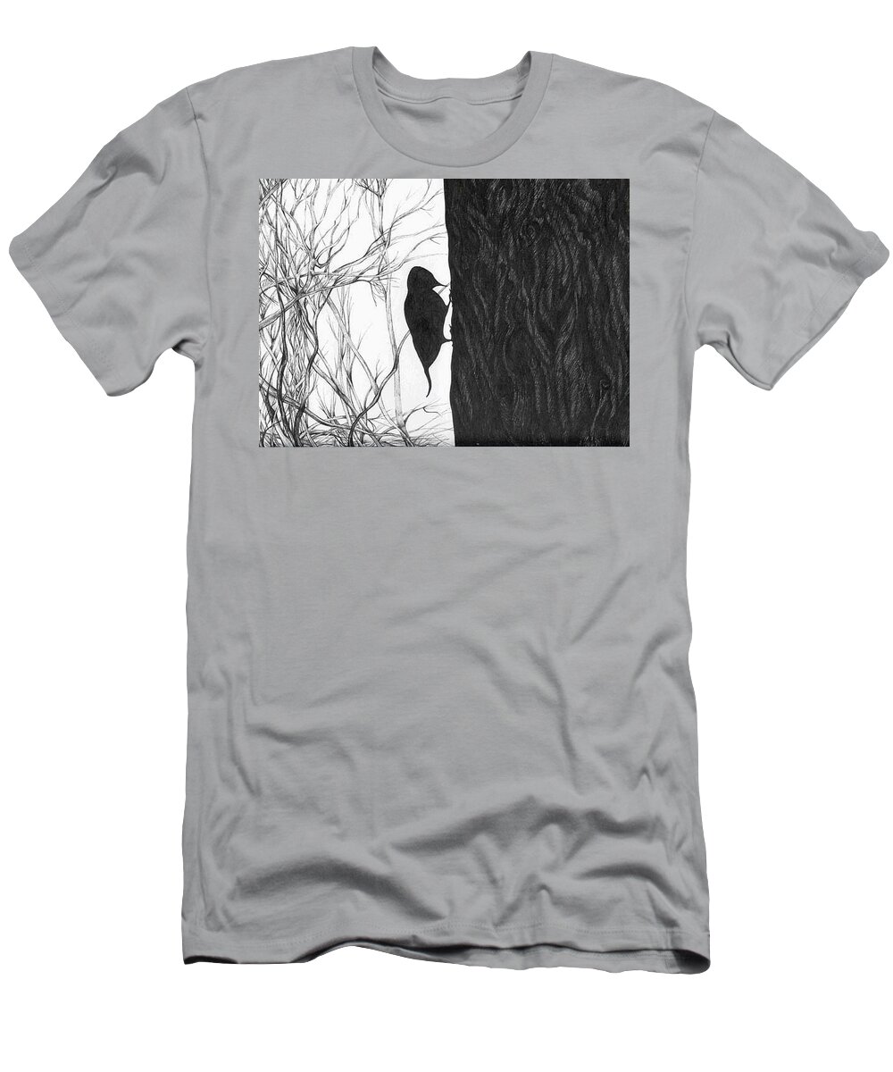 Pen And Ink T-Shirt featuring the drawing Woodpecker by Anna Duyunova