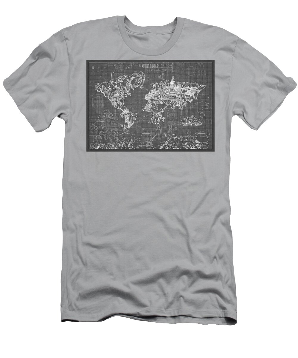 Map Of The World T-Shirt featuring the digital art World Map Blueprint 5 by Bekim M