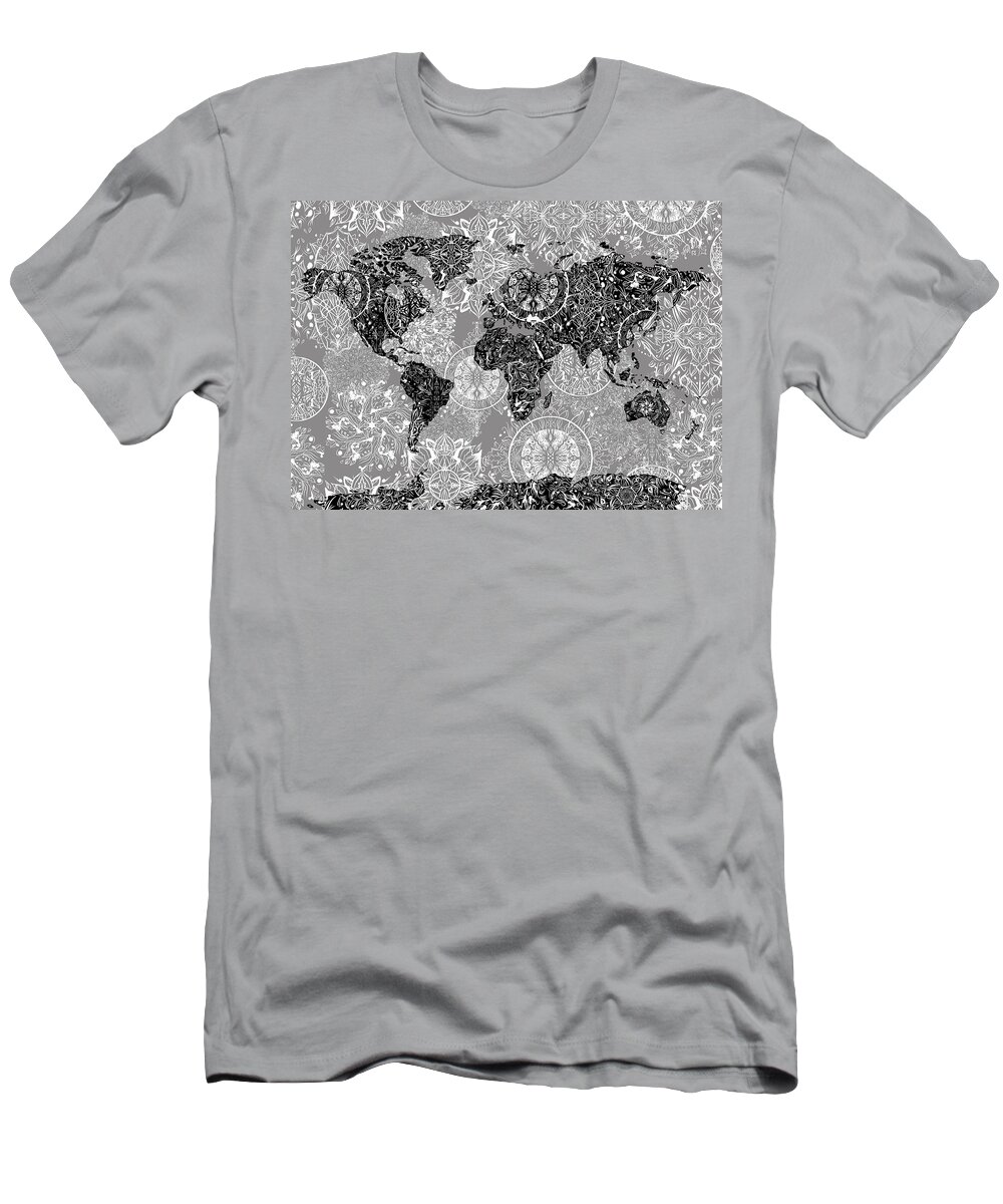 Map Of The World T-Shirt featuring the digital art World Map Mandala Grey by Bekim M