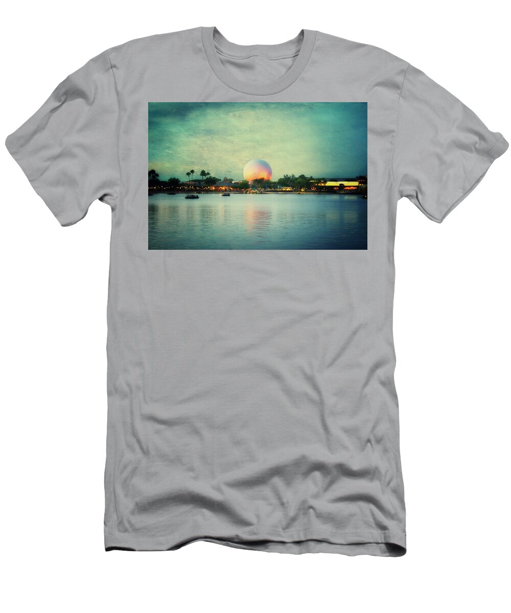 Castle T-Shirt featuring the photograph World Showcase Lagoon Disney World During Sundown Textured Sky MP by Thomas Woolworth