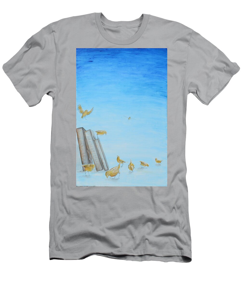 Canaries T-Shirt featuring the painting Yellow Birds in the Blue3 by Nik Helbig