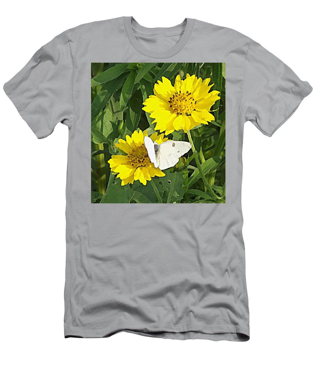 Flowers T-Shirt featuring the mixed media Yellow Cow Pen Daisies with White Butterfly by Shelli Fitzpatrick