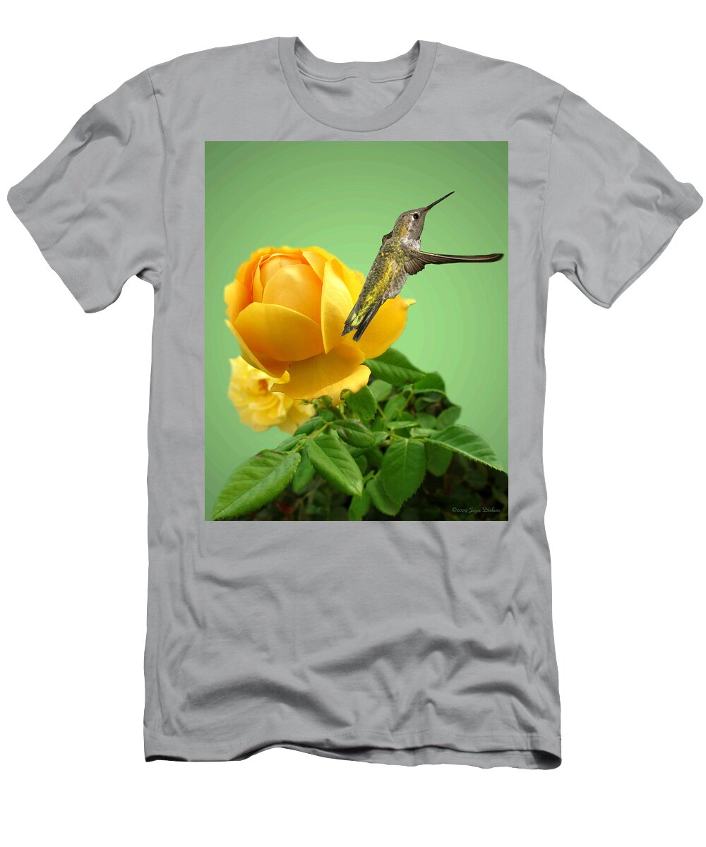 Bird T-Shirt featuring the photograph Yellow Rose and Hummingbird 2 by Joyce Dickens