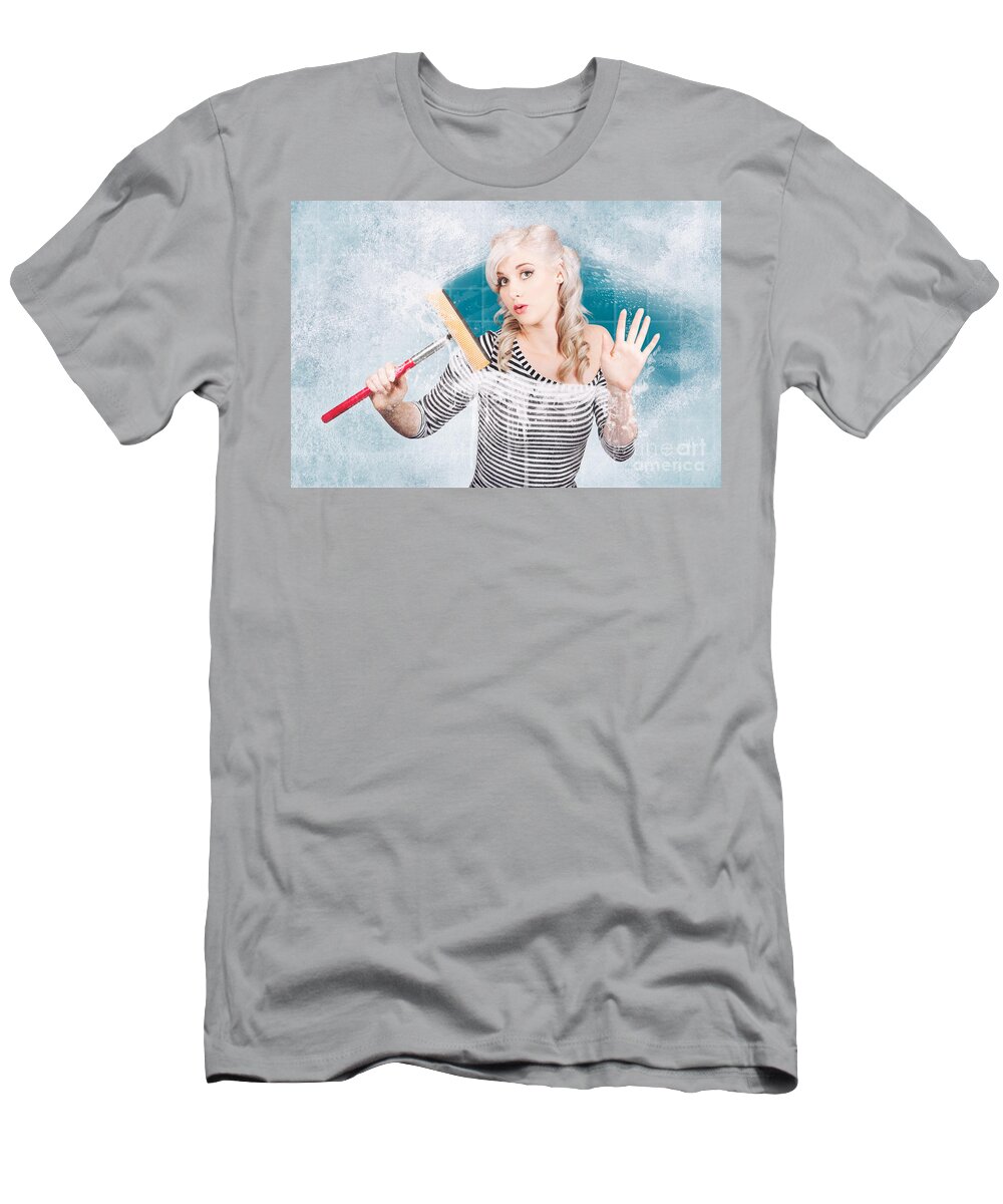 Housework T-Shirt featuring the photograph Young housewife cleaning glass shower door with white soap suds by Jorgo Photography