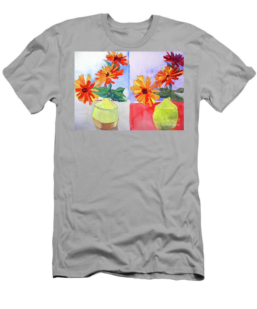 Zinnias T-Shirt featuring the painting Zinnia Diptych by Sandy McIntire