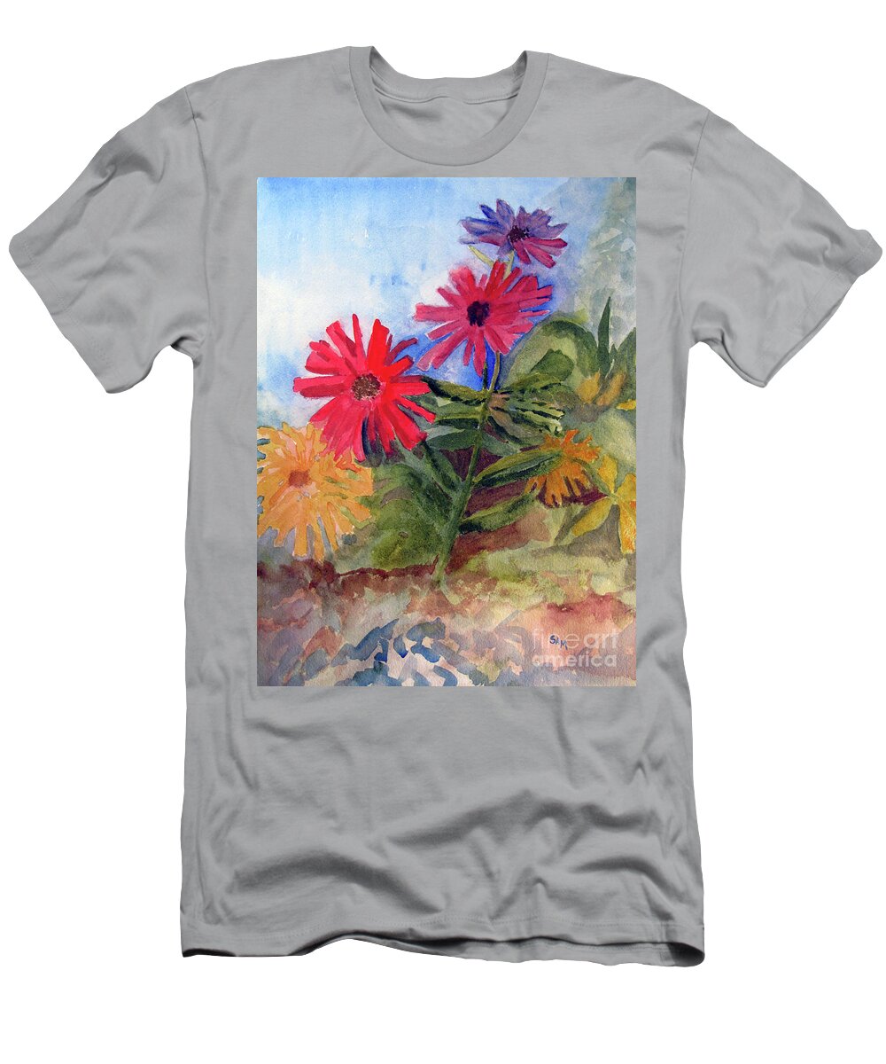 Zinnias T-Shirt featuring the painting Zinnias in the Garden by Sandy McIntire