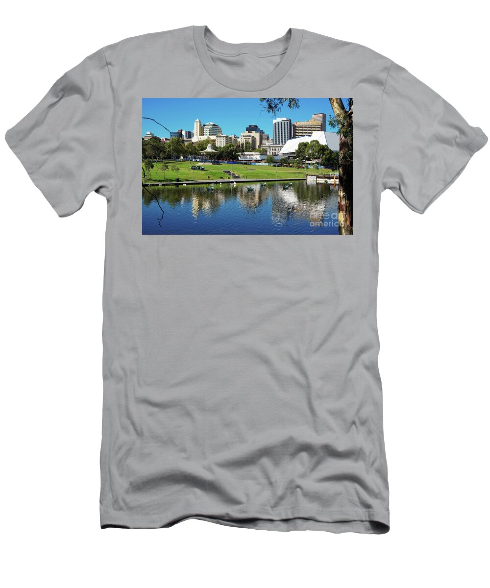 Adelaide T-Shirt featuring the photograph Adelaide South Australia Riverbank City skyline #1 by Milleflore Images