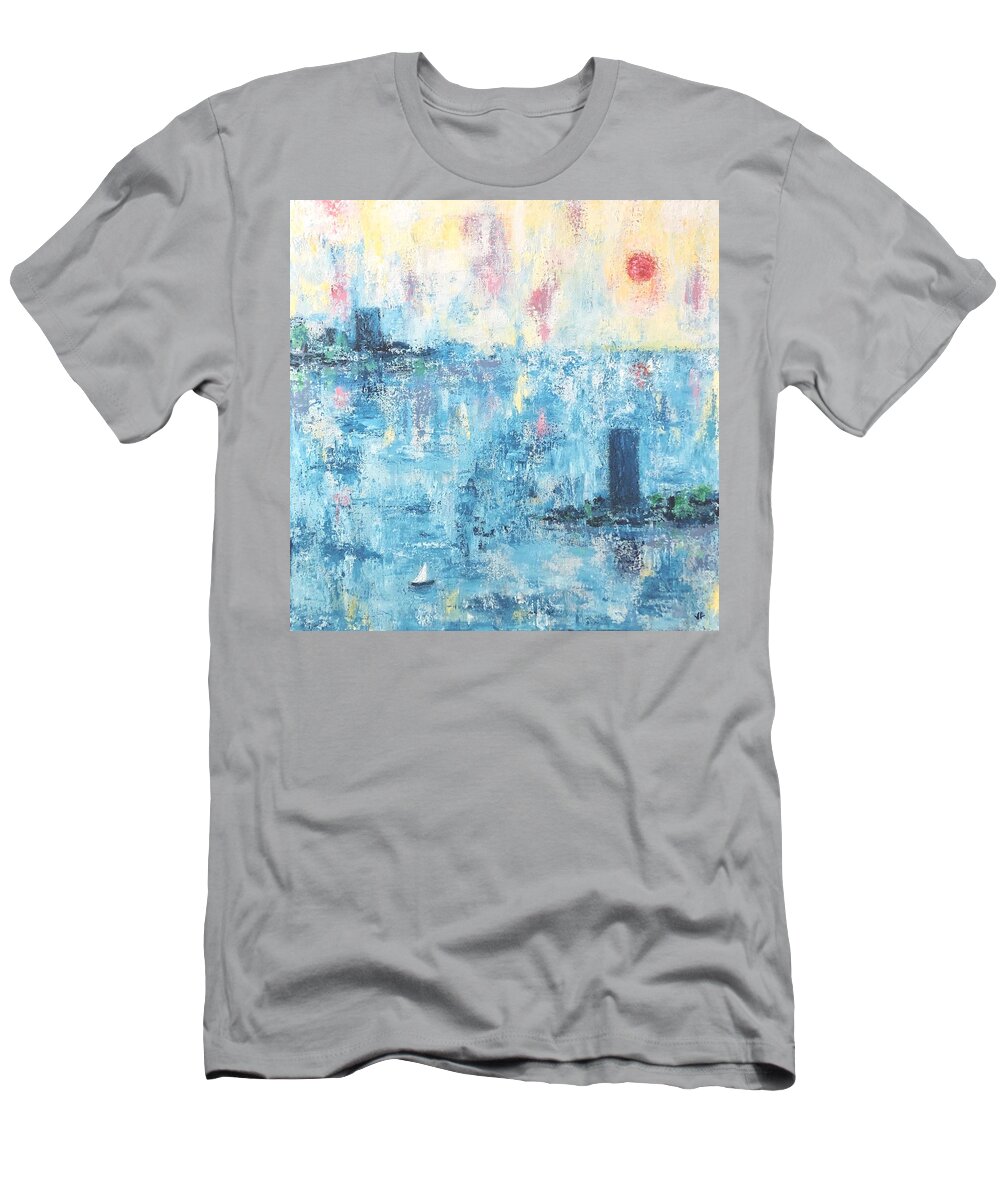 Boat T-Shirt featuring the painting Boat in the Mist #1 by Victoria Lakes
