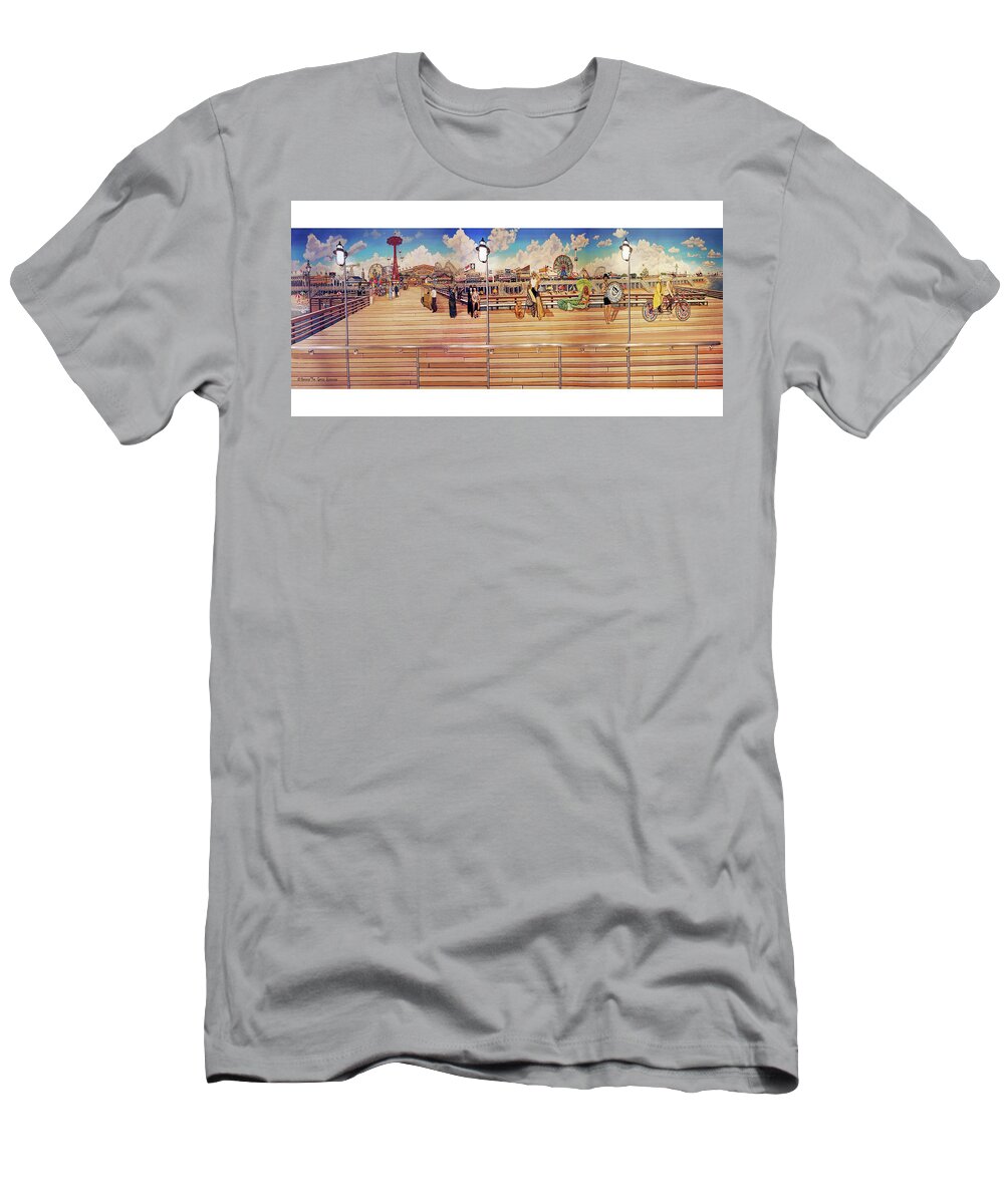  T-Shirt featuring the painting Coney Island Boardwalk Towel Version #1 by Bonnie Siracusa