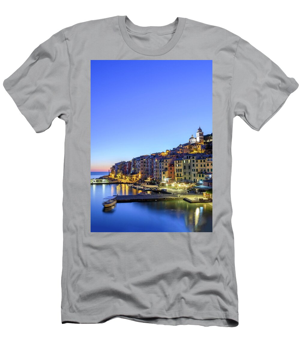 Estock T-Shirt featuring the digital art Italy, Liguria, La Spezia District, Riviera Di Levante, Portovenere, View Of The Village At Dusk #1 by Franco Cogoli