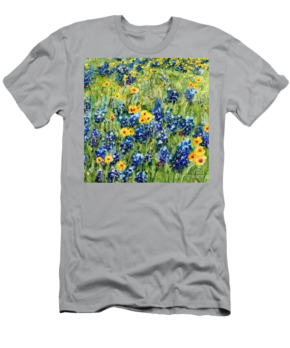 Bluebonnet T-Shirt featuring the painting Painted Hills - Bluebonnets and Coreopsis by Hailey E Herrera